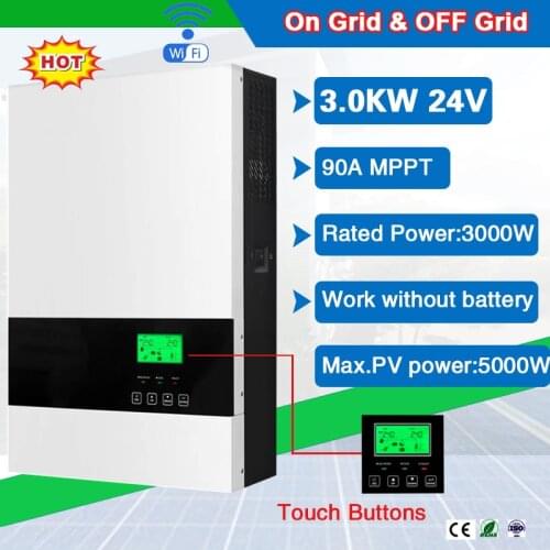 3000VA 24VDC 230VAC Off & On Grid Hybrid Pure Sine Wave Solar Inverter with 5000W 90A MPPT Charge Controller No Battery Working