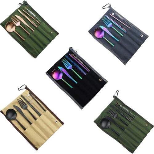 7pc Colorful Portable Eco-friendly Stainless Steel Travel Cutlery Set Knife Fork Spoon Chopsticks Straws Set Picnic BBQ Flatware