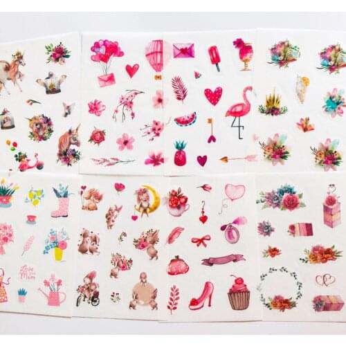 8 Sheets Flamingo Flowers Love Paper Sticker Notebook Computer Phone Hand Account Decoration