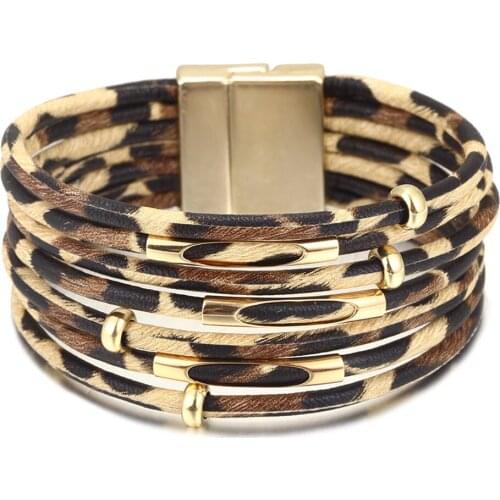 Multilayer Magnet Fashion Leopard Trendy Leather Bracelets Women Fashion Girl Cuff Bangle Female Jewelry geometric