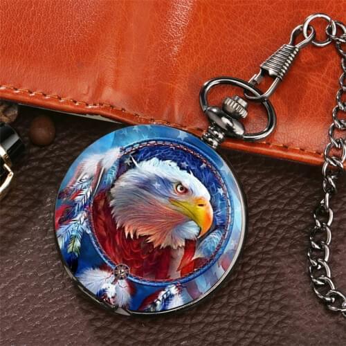 US Flag Element Flying Eagle Design Quartz Pocket Watch Punk Black Pocket Chain Pendant Watch Gifts for Men Women