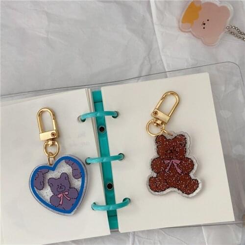 Ins Cartoon Cute Bear Flash Powder Keychain Vintage lanyard Kawaii Accessories Fashion Key Holder Backpack Decorative Pendant
