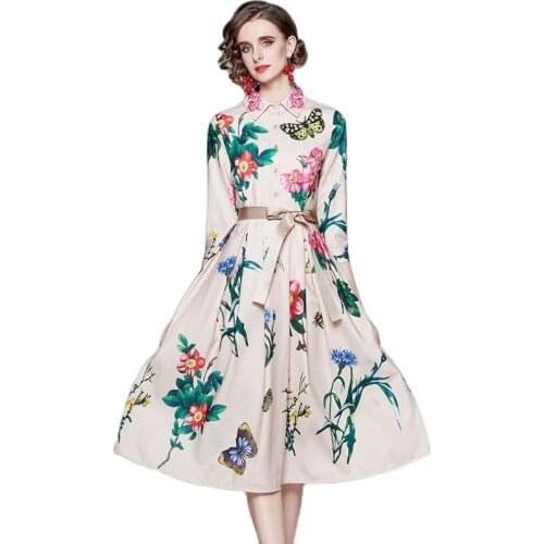 BunniesFairy 2021 Spring European and American Celebrity Style Retro Floral Print Quarter Sleeve Midi Dress Vestido de Fiesta