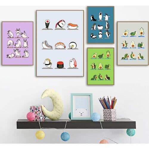 Cute Animal Yoga Panda Penguin Siamese Cat Canvas Posters Avocado Sushi Watercolor Prints Nordic Wall Art Picture Kidroom Decor
