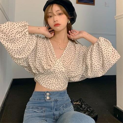 Fashion Women Blouses 2021 Autumn Polka Dot V-neck Long Sleeve Slim Crop Top Ladies Korean Style Chiffon Shirts New Female