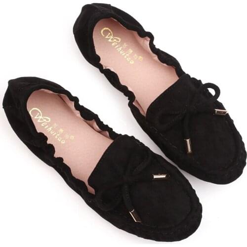 Pleated suede round toe flats women cute bow-tied ornament roll up moccasins mujer big size 34-43 anti-skid ballet flats girls