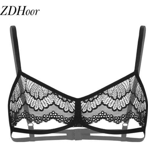 Mens Sissy Bra Top See Through Sheer Lace Lingerie Hollow Out Half Chest Wire-free Unlined Bralette Gay Sexy Crop Tops Sleepwear