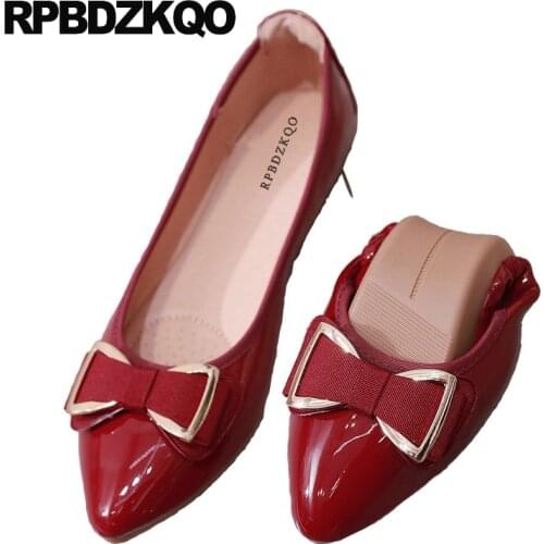 Pointed toe 2019 red wine large size chinese bow party pointy patent leather wedding women flats shoes with little cute bowtie