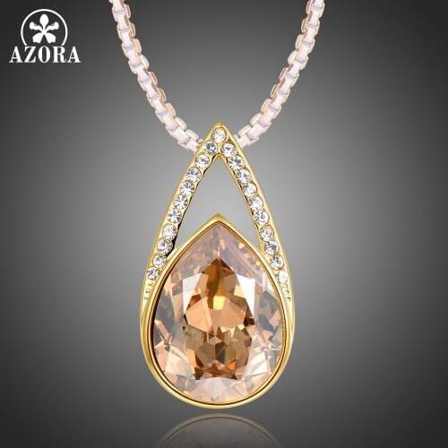 AZORA Romantic Pear Shape Champagne Austrian Crystals Necklaces Pendant for Women Girlfriend Gift Gold Color Jewelry TN0267