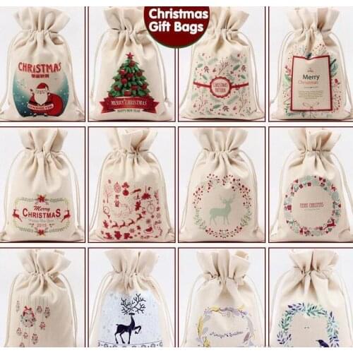 Christmas Gift Bag Pure Cotton Canvas Drawstring Sack Bagsanta Deer Elk Ride New Year Xmas Best Gifts For Kids Event Party Decor