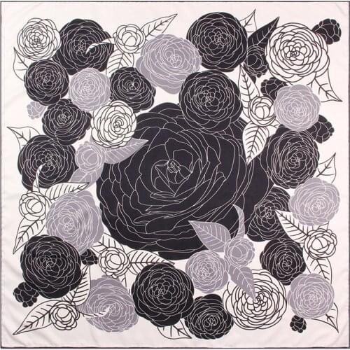 Manual Hand Rolled Twill Silk Scarf Women Floral Print Square Scarves Wraps Echarpe Curled Foulards Femme Bandana Hijabs 90CM