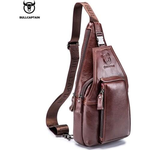 BULLCAPTAIN mens first layer cowhide chest casual sports large-capacity retro fashion cool fashion messenger bag
