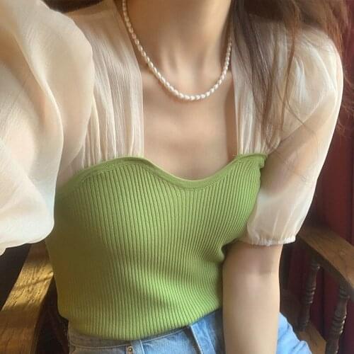 French Retro Fashion Summer Square Neck Lace Stitching Puffs Sleeve Two-piece Knit T-shirt Slim Streetwear