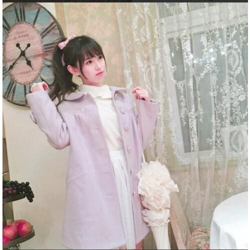 2016 Winter Cute Womens Wool Blend Coat Peter Pan Collar Lavender Long Sleeve Japanse Vintage Outwear Lolita Jacket