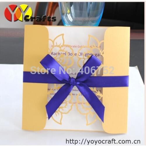 Gold Laser-cut Wedding Invitations Birthday Cards Laser Cutting party invitation Cards ribbon card
