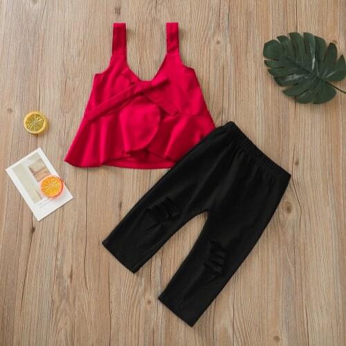 2021 New Kids Summer Tracksuit Children Girls Solid Color Sleeveless Flounce Tank Tops+Ripped Skinny Pants for 1-6 Years