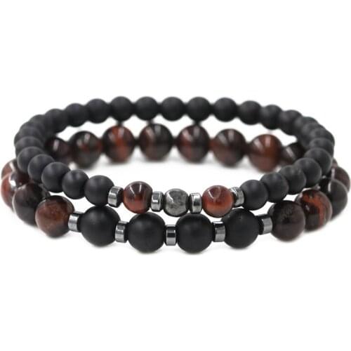 2 Pcs/set 6mm 8mm Natural Volcanic lava Black stone Beads Bracelet Distance charm Bracelets for Women&Men fashion Jewelry 2021