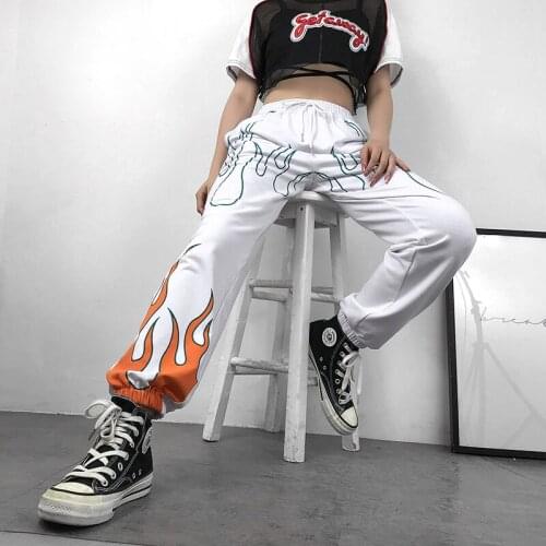 High Waist Casual Fire Print Elastic Trousers Women 2021 Summer Streetwear Harajuku Sweatpants Joggers Straight Pants
