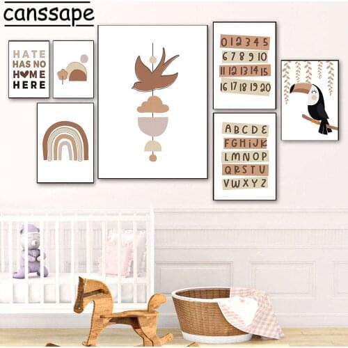 Nursery Wall Art Print Rainbow Sun Canvas Painting Alphabet Posters Parrot Paintings Boho Wall Pictures Kids Playroom Decor