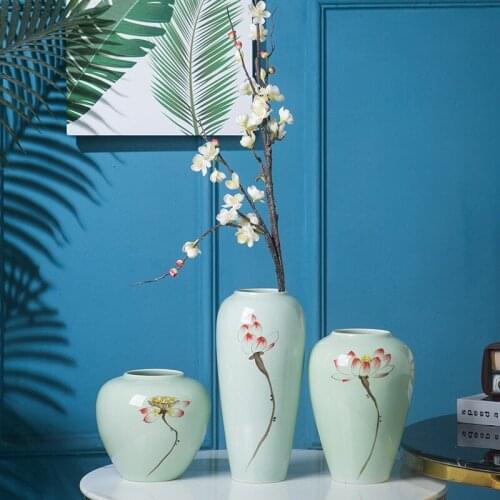 Home Simple Insert Craft Porcelain Vase Ornament, Living Room Flower Arrangement Lotus Pattern Light Green
