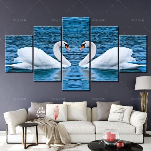 Oil Painting Picture 5 Panels Animal White Swan Couples Canvas Frame mural HD Prints Wall Art Home Decor Posters For Living Room