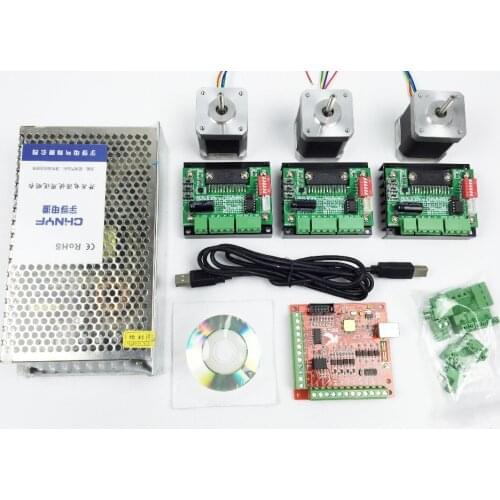 CNC mach3 USB 3 Axis Kit, 3pcs TB6560 driver+ mach3 USB stepper motor controller board+ 3pcs nema17 stepper motor +power supply