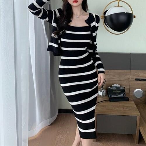 Knitted Spaghetti Straps Long Dress Suits Striped Elegant Classic Vintage Fashion Two Piece Set Midi Dress+Warm Outer Cardigan