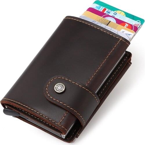 HUMERPAUL RFID Blocking Card Holder Wallet Men Automatic Pop Up ID Card Case Crazy Horse Leather Male Coin Purse Aluminium Box