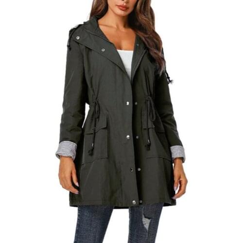 Women Coat Casual Polyester Fiber Waist Drawstring Pockets Hooded Coat Waterproof Jacket Raincoat Woman Clothing