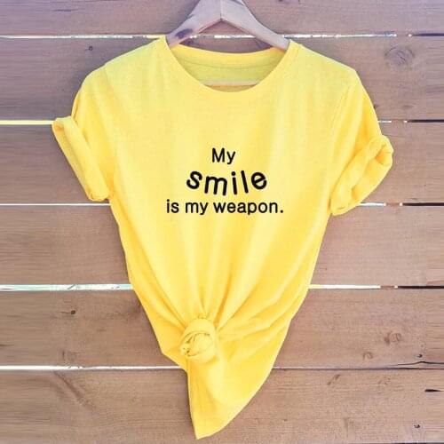Summer Women T Shirt S-5XL Size Cotton Letters My Smile is My Weapon Print Short Sleeve Tees Tops Casual O-Neck Female TShirt