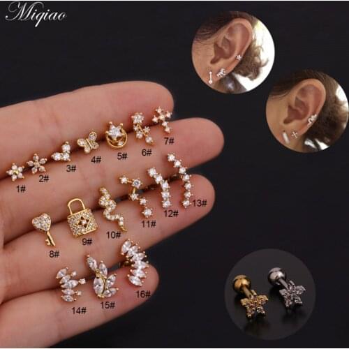 Miqiao 2pcs Hot Selling All-match Stainless Steel Zircon Key Earrings Exquisite Body Piercing Jewelry