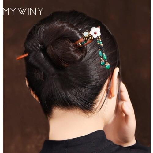 MYWINY Fashion nature sandalwood vintage hair jewelry,vintage hair sticks.Ethnic green pendant Hair accessories,shell Hairpins