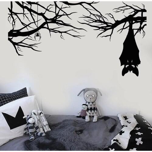 Halloween Wall Stickers Cartoon Gothic Spider Bat On Branch Vinyl Wall Decal For Living Room Nursery Kids Room Decoration 3197