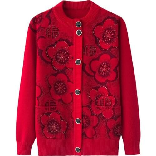 New Middle aged Female Knit Cardigan Jacket Spring Autumn Printed Long sleeves Sweater Coat Women Plus size Thick Sweaters A3222