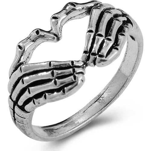 Silver Plated Hand with Heart Rings for Men Punk Gothic Creative Skeleton Couple Ring Women Hip Hop Band Jewelry Charm Gift