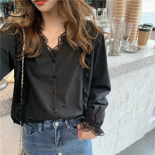 Casual Long Sleeve Lace Shirt Sexy Women Cotton Shirts with Lace Blouses Korean Vintage V-neck Elegant Women Tops Blusas 10913