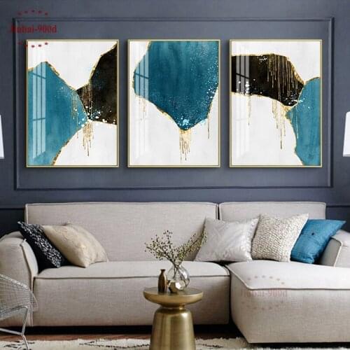 Modern Abstract Blue Marble And Golden lines Canvas Paintings Geometric Wall Art For Living Room Posters And Prints Home Decor