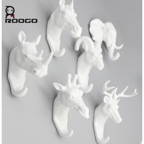 Roogo Hanger Key Holder Wall Deer Head Room Decoration Wall Hook White Annimal Wall Coat Rack Resin Home Decoration Accessories