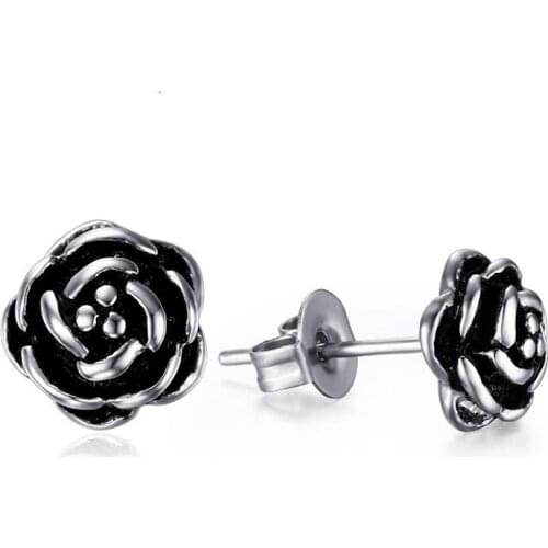 Vintage Ancient Silver Color Black Rose Flower Floral Shaped Metal Stud Earrings for Women Party Jewelry Accessories