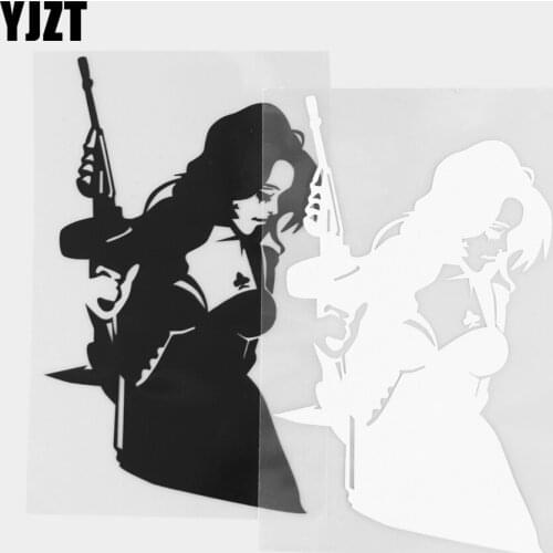 YJZT 15.3×9.1CM Exquisitely Sexy Girl Holding Gun Car Sticker Weapon Tommy Gun Vinyl Decal Decorative Black / Silver 20C-0341