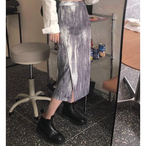 Spring Autumn Women Long Skirt side slit A-line Tie dye skirts Korean fashion style High waist Ladies skirt kobieta spódnice