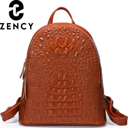 Zency Crocodile Pattern 100% Genuine Leather Fashion Women Backpack Female Travel Bag iPad Knapsack Girls Schoolbag Black Brown