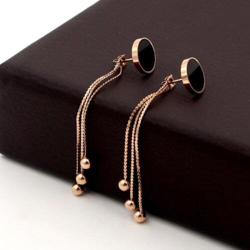 Fashion Stainless Steel Long Chain Tassel Bead Black Round Drop Earring Rose Gold Color Women Female Party Gift
