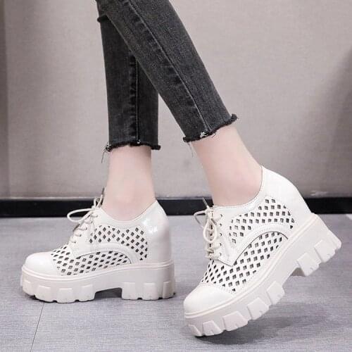 Newest Women Summer Hidden Wedge Heels Hollow Out Round Toe Lace Up Platform Ladies Creeper Shoes Fashion Breathable Shoes