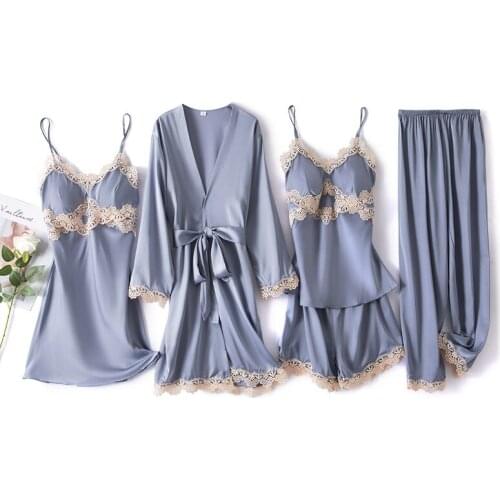 2021 New 5PCS Pajamas Set Sexy Sleepwear Satin Nightgown Women Robe Kimono Gown Lace Nightwear Loungewear Bathrobe With Pads