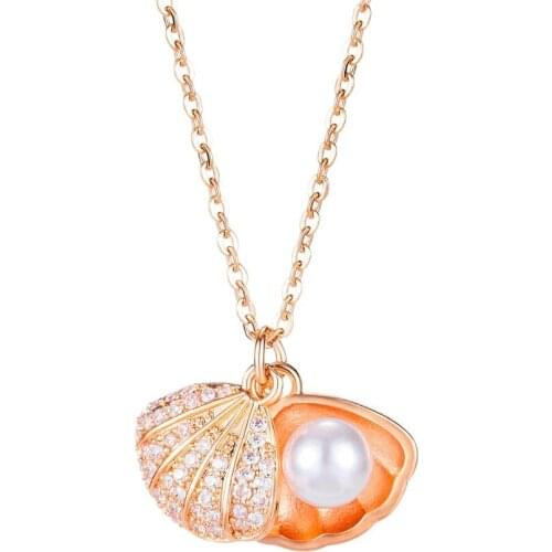Women Necklace Rose Gold Color Fashion Jewelry Copper Zirconia Shell Pearl Pendant Stainless Steel Chain for Girls
