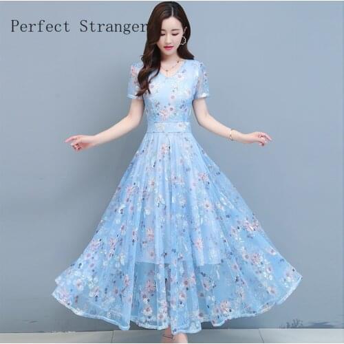 High Quality 2021 Summer New Arrival Hot Sale V Collar Flower Embroidery Short Sleeve Women Chiffon Long Dress M-4XL