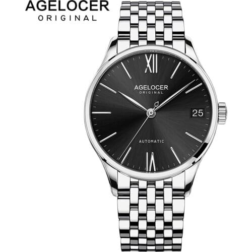 Agelocer Luxury Watch Men Automatic Black Sapphire Watch Top Brand Luxury Waterproof Stainless Steel Day Date Watch 7072A9