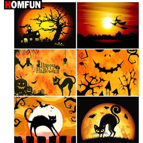 HOMFUN 5D Diamond Pattern Rhinestone Needlework Diy Diamond Painting Cross Stitch "Halloween black cat" Diamond Embroidery