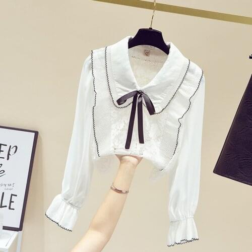 Blusas Elegantes Women 2021 Spring Trumpet Sleeve Ruffled Hollow Chiffon Shirt Bow Doll Collar White Shirt for Sweet Girl Blouse